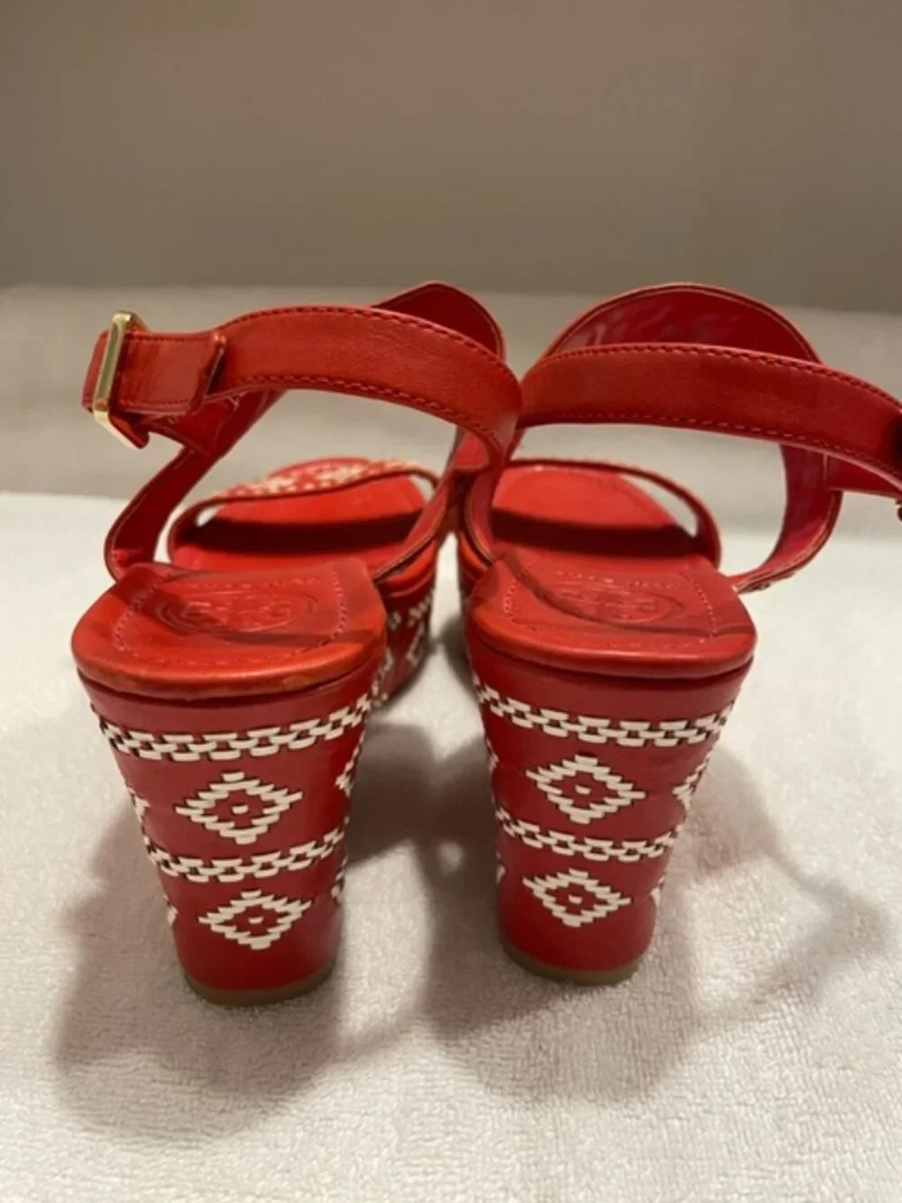 Tory Burch Womens Reena Sandals Size 10 Red Leather White Woven Wedge Platform